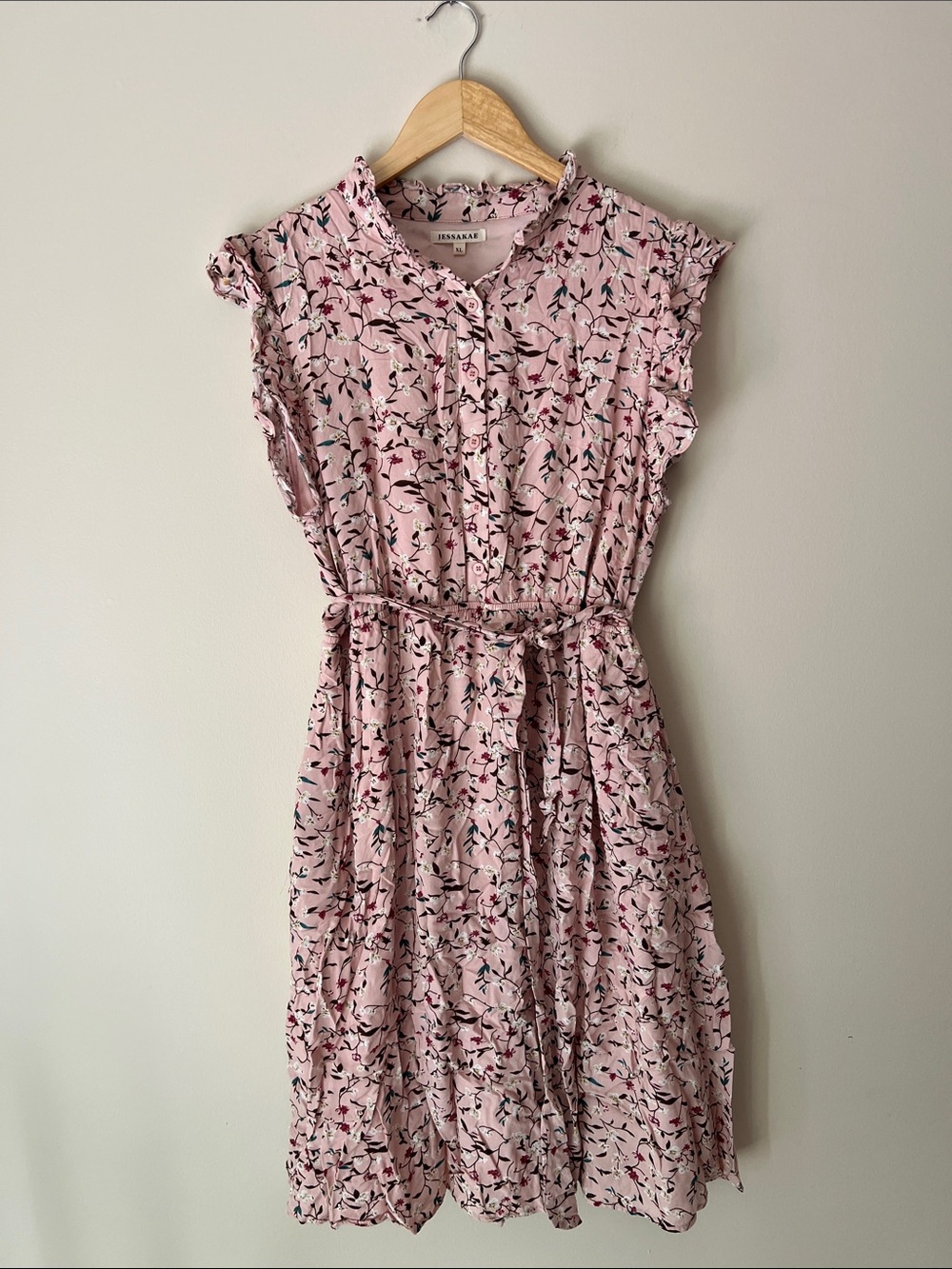 JessaKae Dusty Pink Floral Midi Dress with Tie Waist